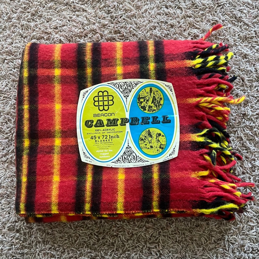 Vintage Beacon Campbell Plaid Throw Blanket Red Yellow Black Acrylic‎ 45x72 USA